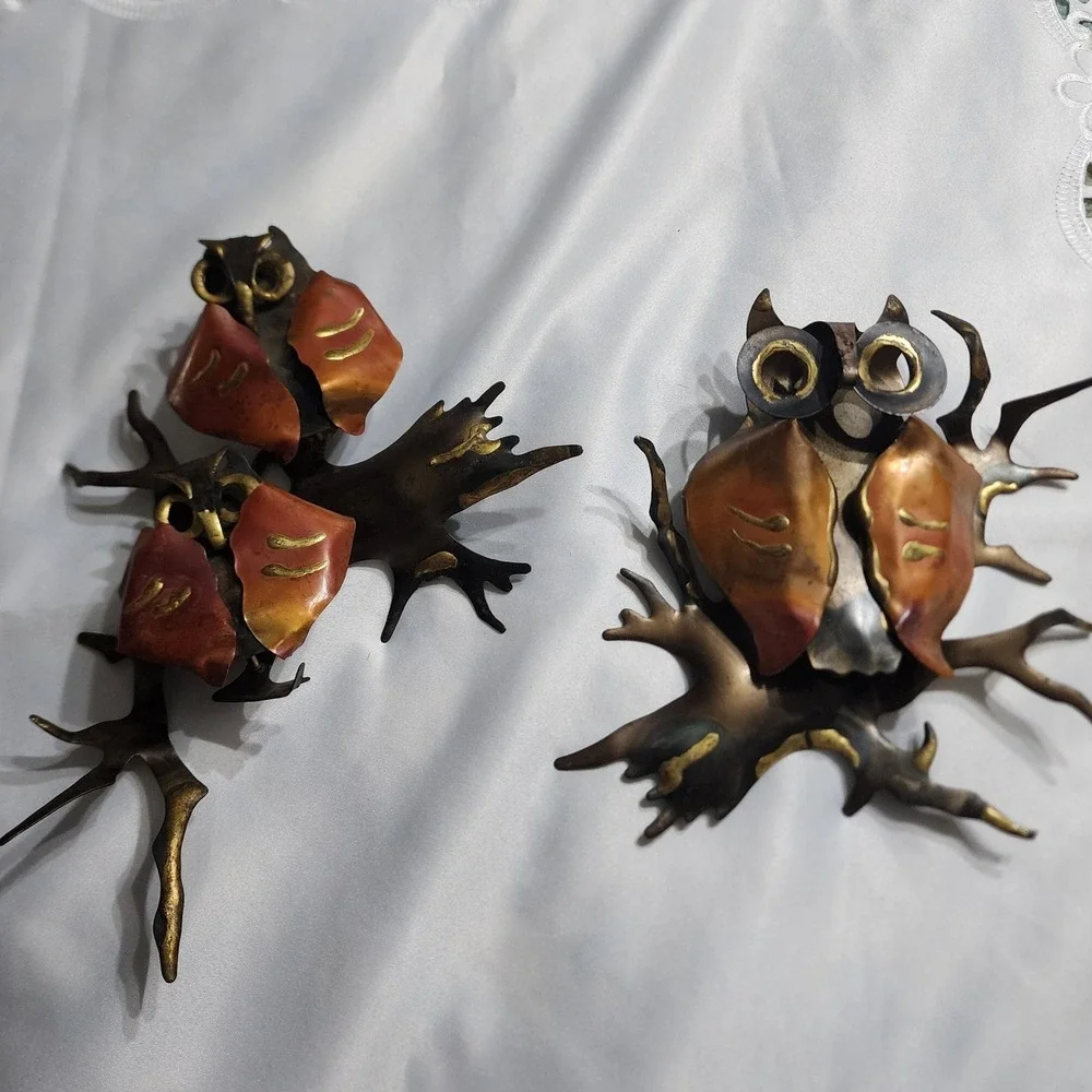 Vintage Brutalist Metal Owl Wall Art Set Mid Century Modern Copper Brass Tones